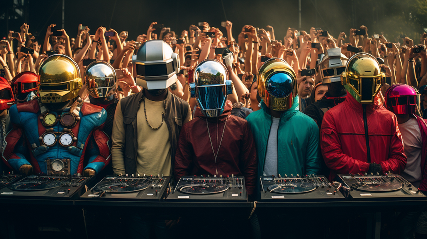 DJs wearing colorful helmets on stage