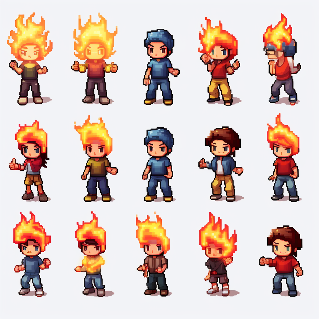 Flame Pixel Art Character in Jeans and Sneakers