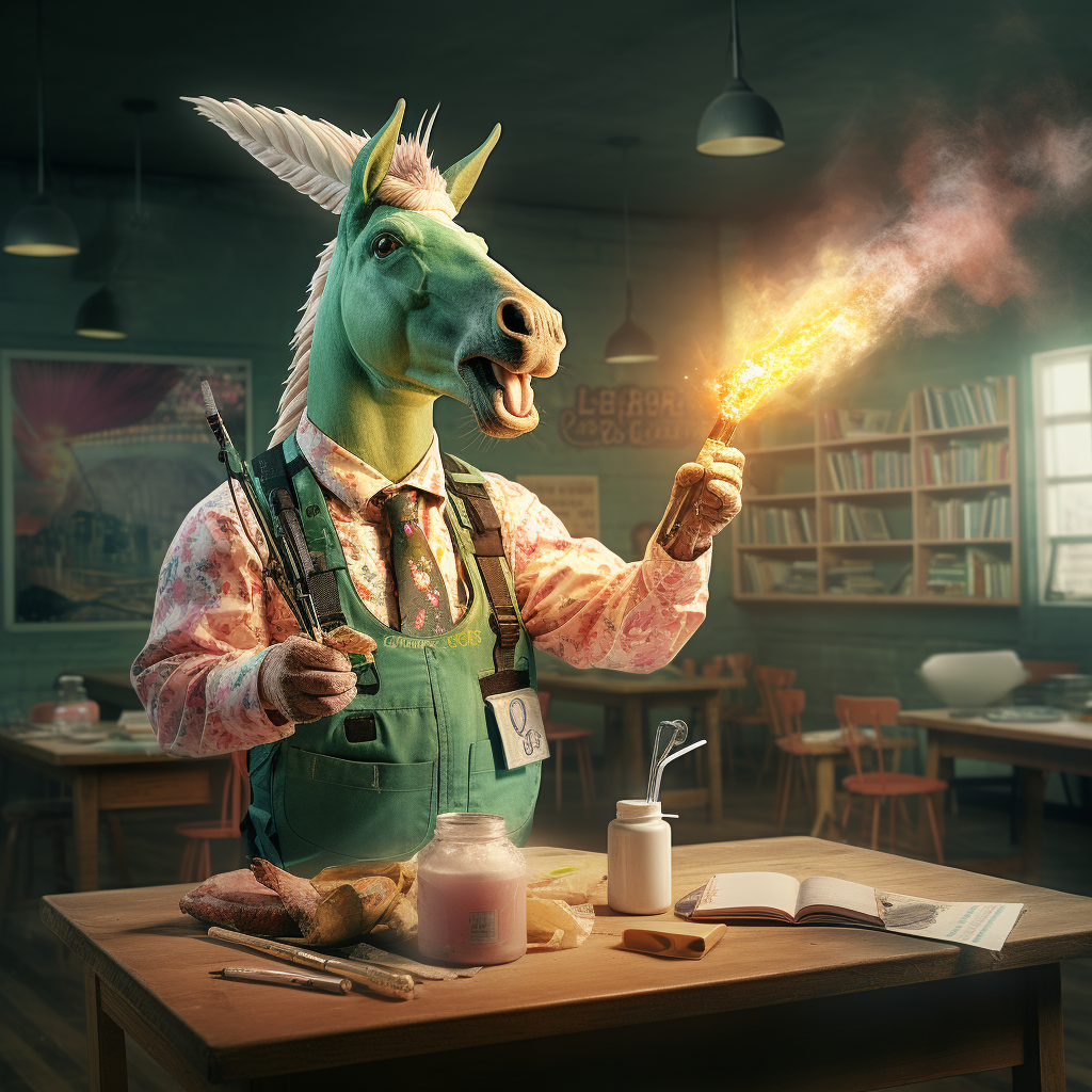 Unicorn with Flamethrower Reading in Classroom