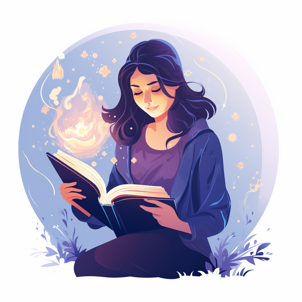 Flat 2D Pixar Style Character Woman Reading Magic Book