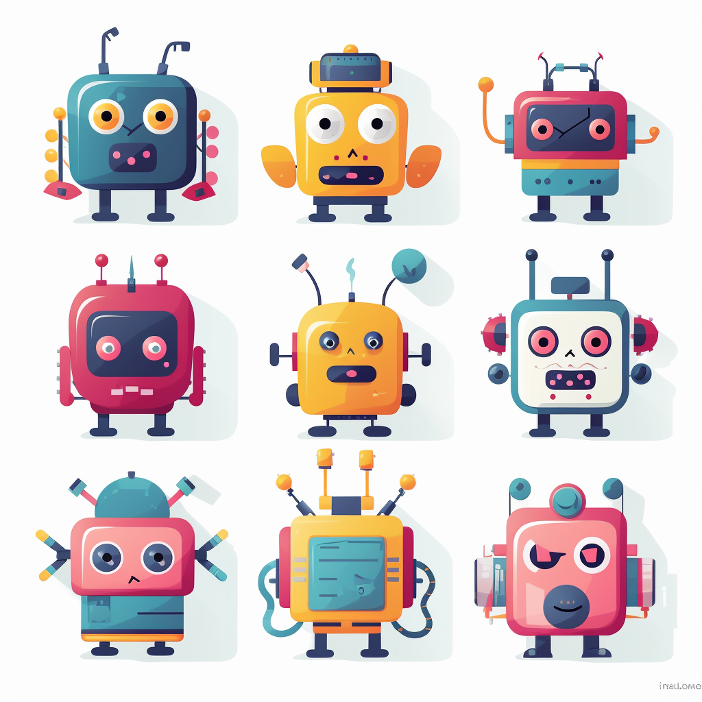 Colorful flat robot avatars on white background