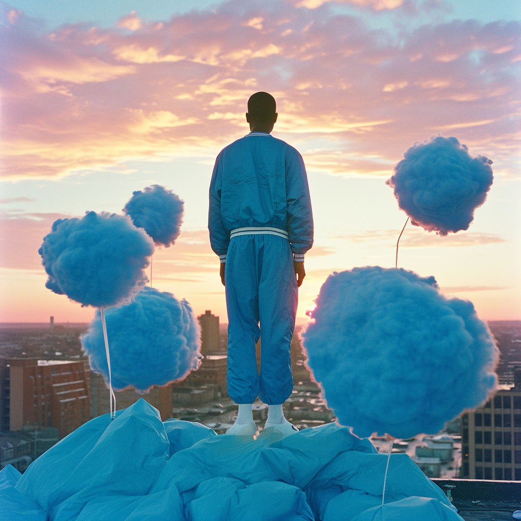 Black man floating above ground in blue track suit at sunset