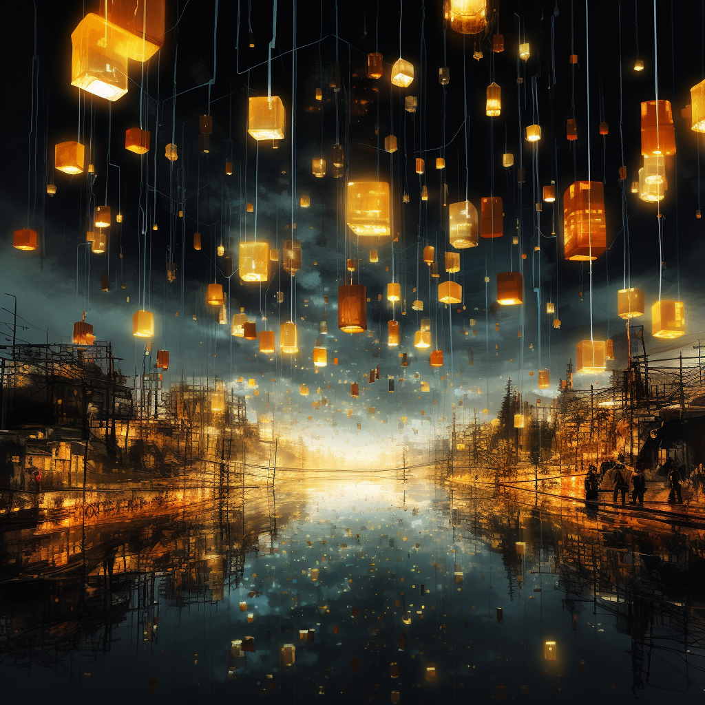 Colorful floating city lights illustration