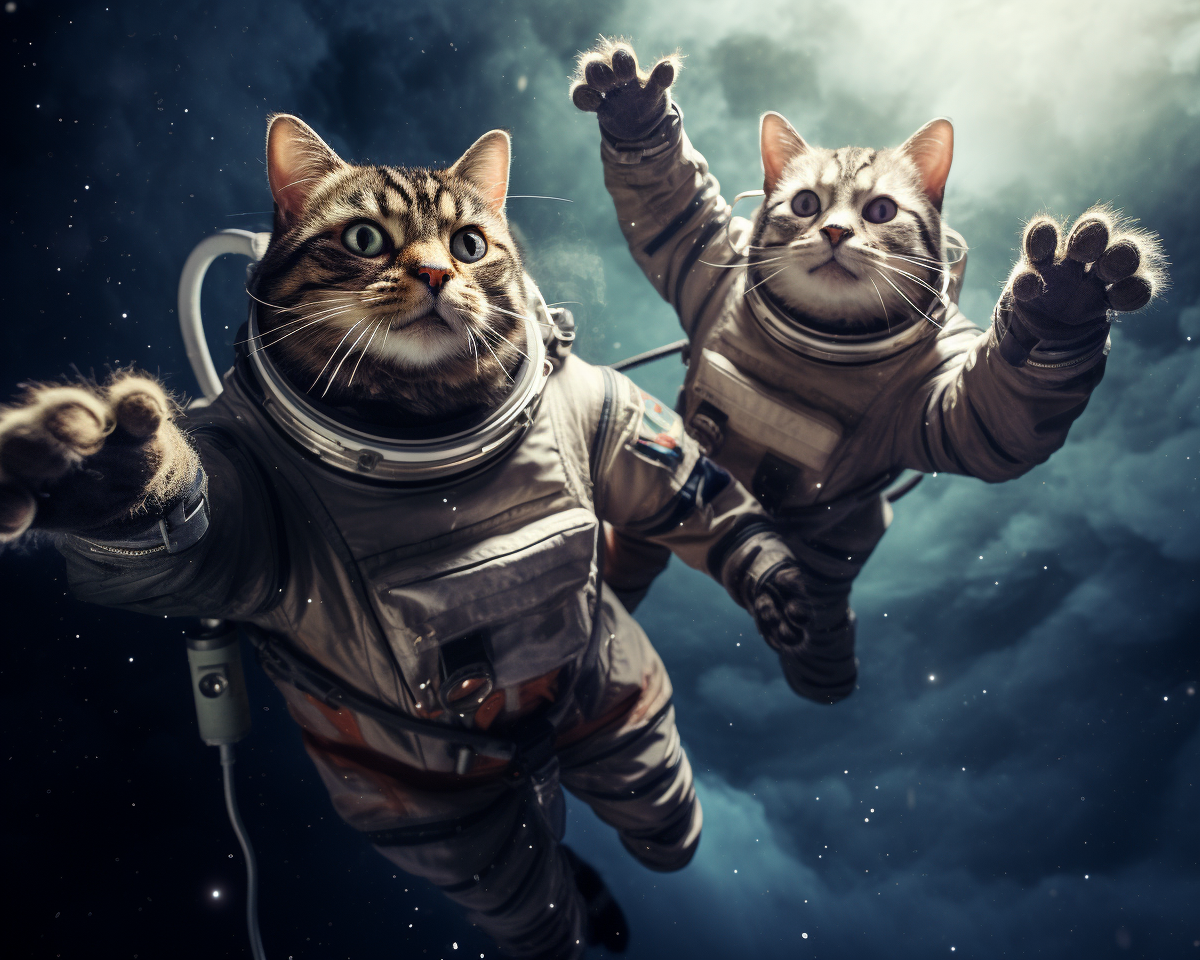 Tabby and Black Cats Floating in Space