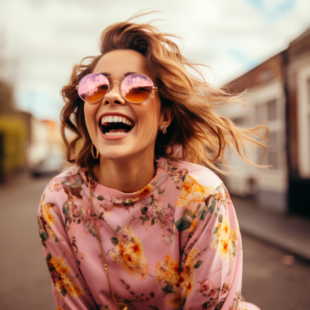 Woman in Floral Glasses Laughing