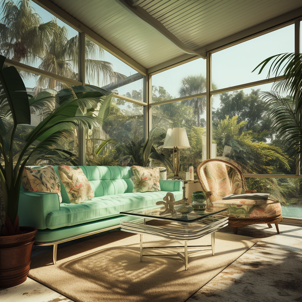 Floridian Sunroom with Mid Century Modern Patina Green Furniture