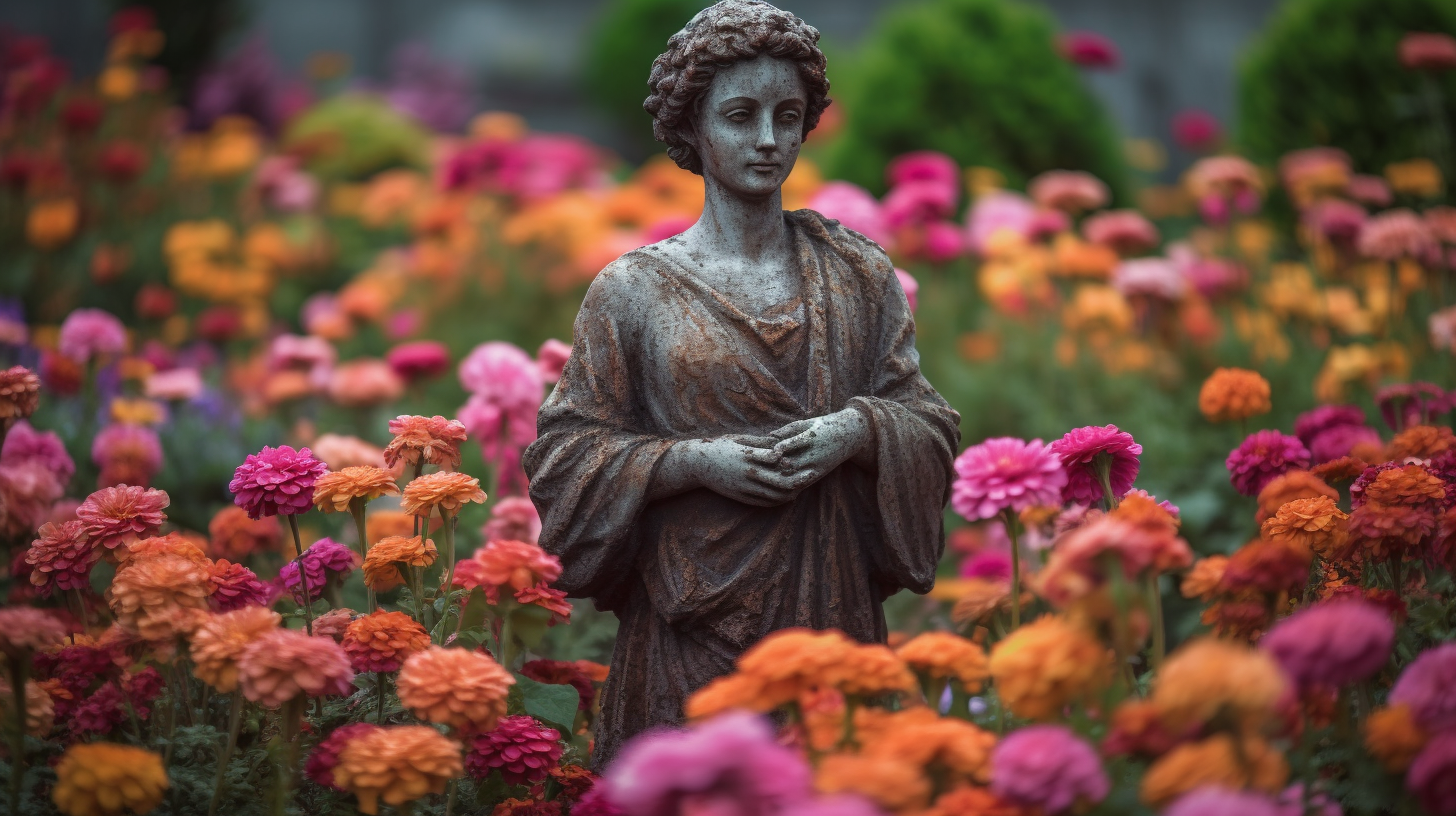 Colorful flower statue surrounded by nature