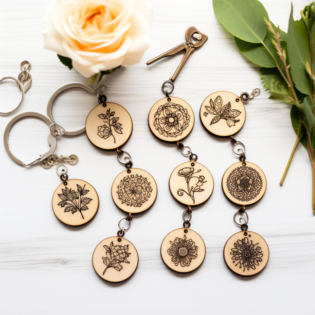 Hand presenting flower-themed pyrography keyrings