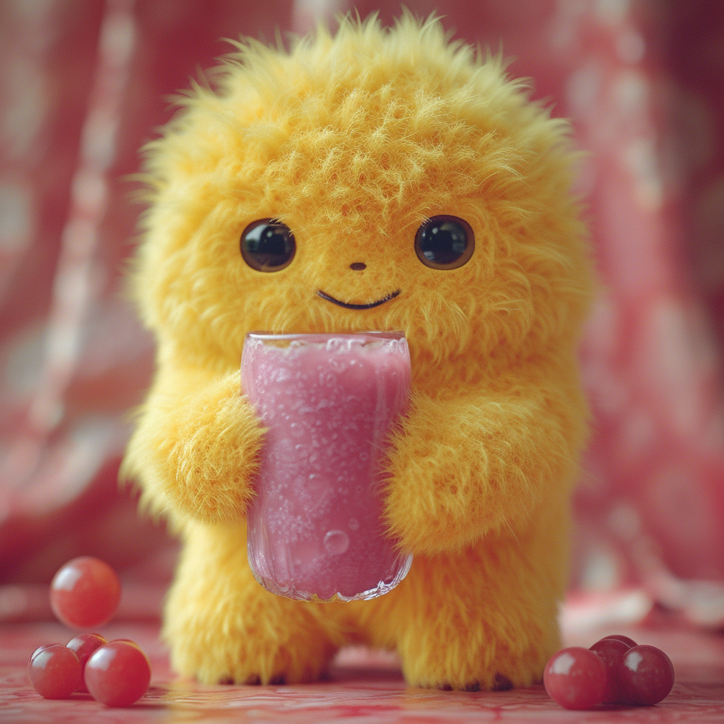 Fluffy yellow toy monster with purple smoothie