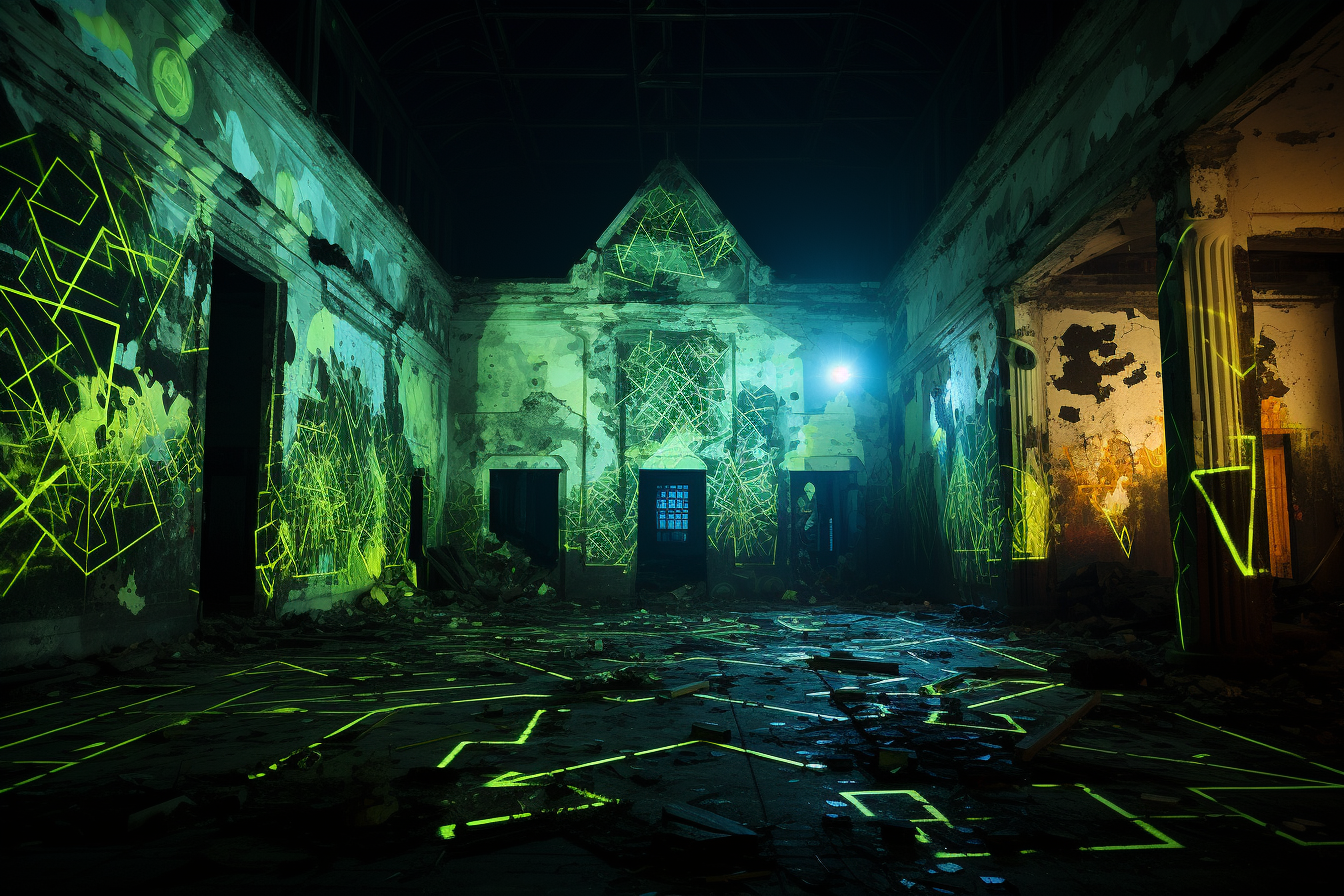 Striking fluorescent drawings on ruined walls