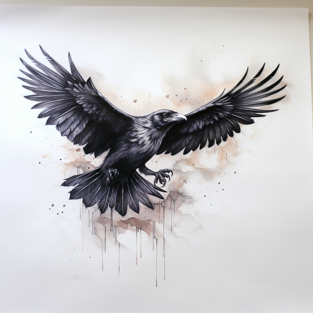 Flying crow tattoo design on white paper