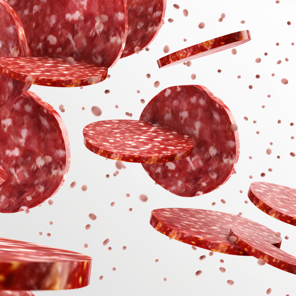 Salami slices flying through the air