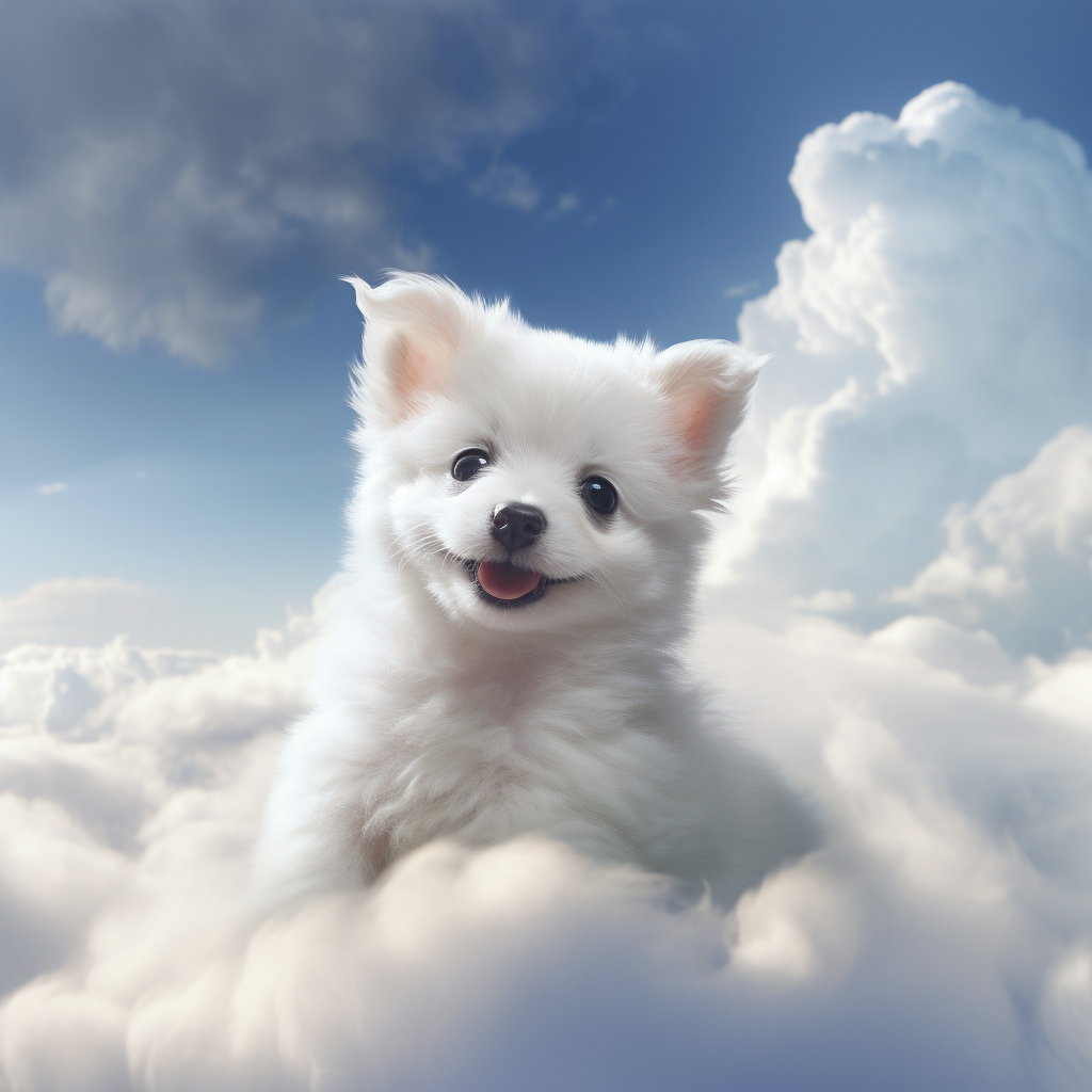 Cute white puppy flying in the sky