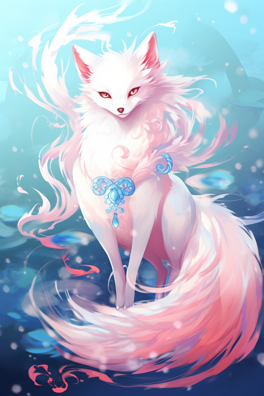 Illustration of a stunning flying white kitsune