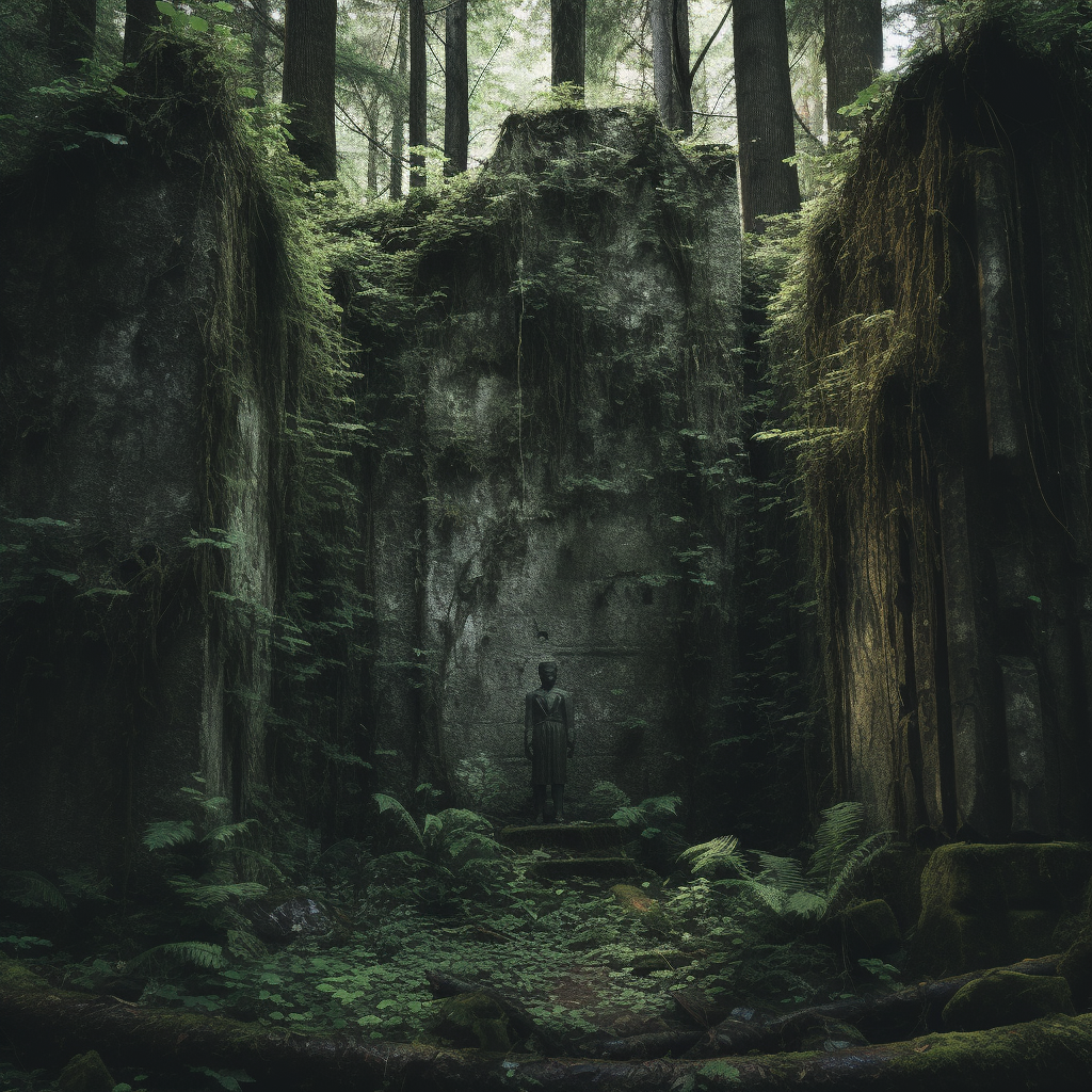 Overgrown forest with concrete wall shadow