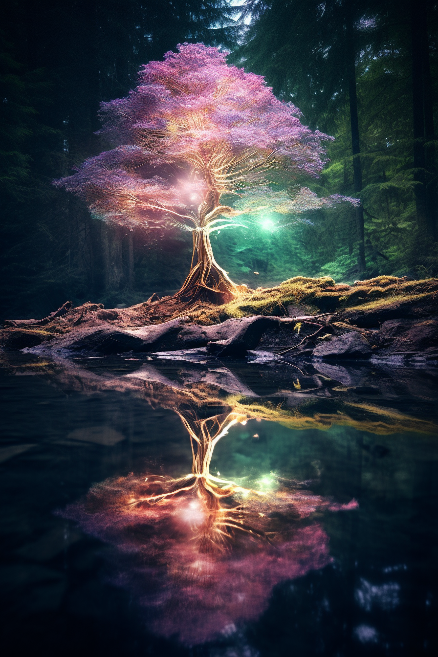 Beautiful holographic tree in enchanting forest