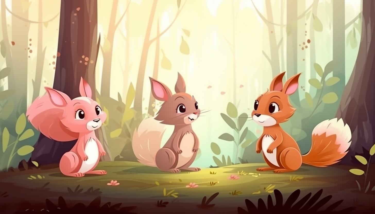 Three cute squirrels playing in the forest