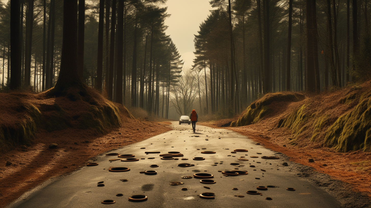 Woman avoiding road holes in the forest