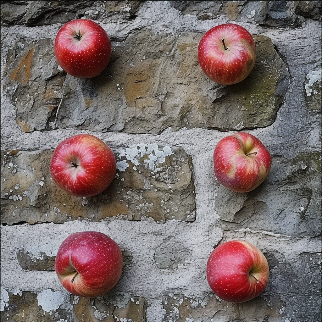 Four apples on castle wall