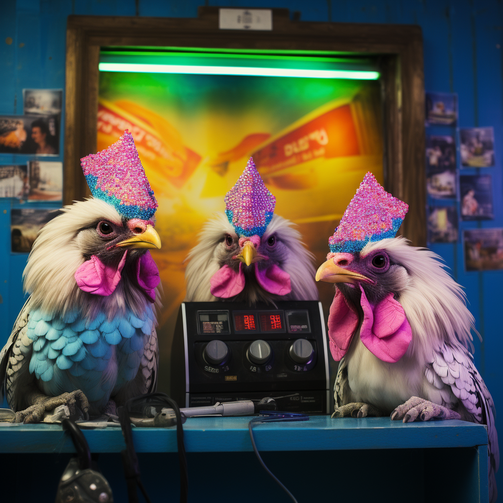 Colorful chickens arguing in nail salon