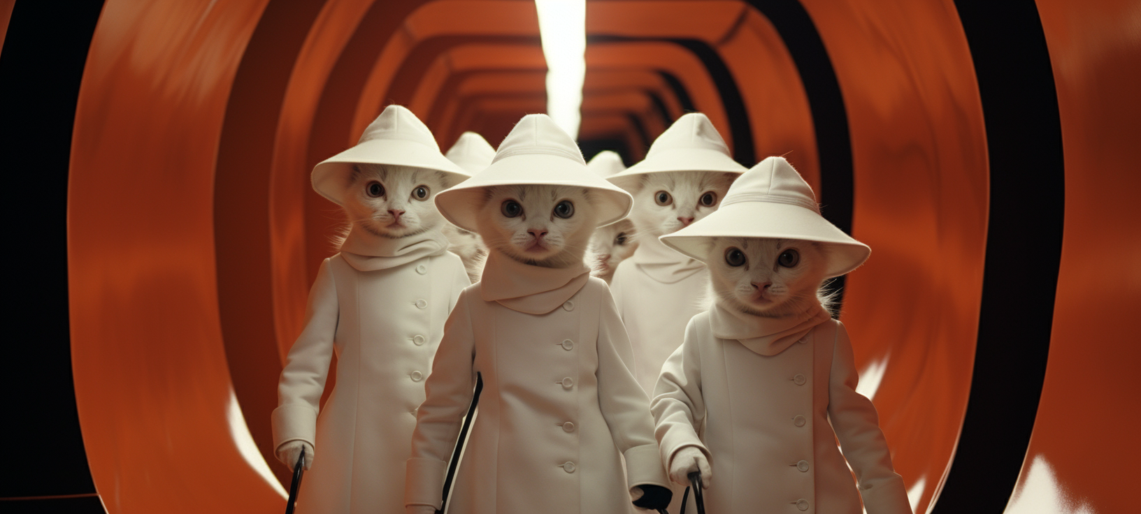 Four kittens in tunnel wearing jumpsuits and top hats