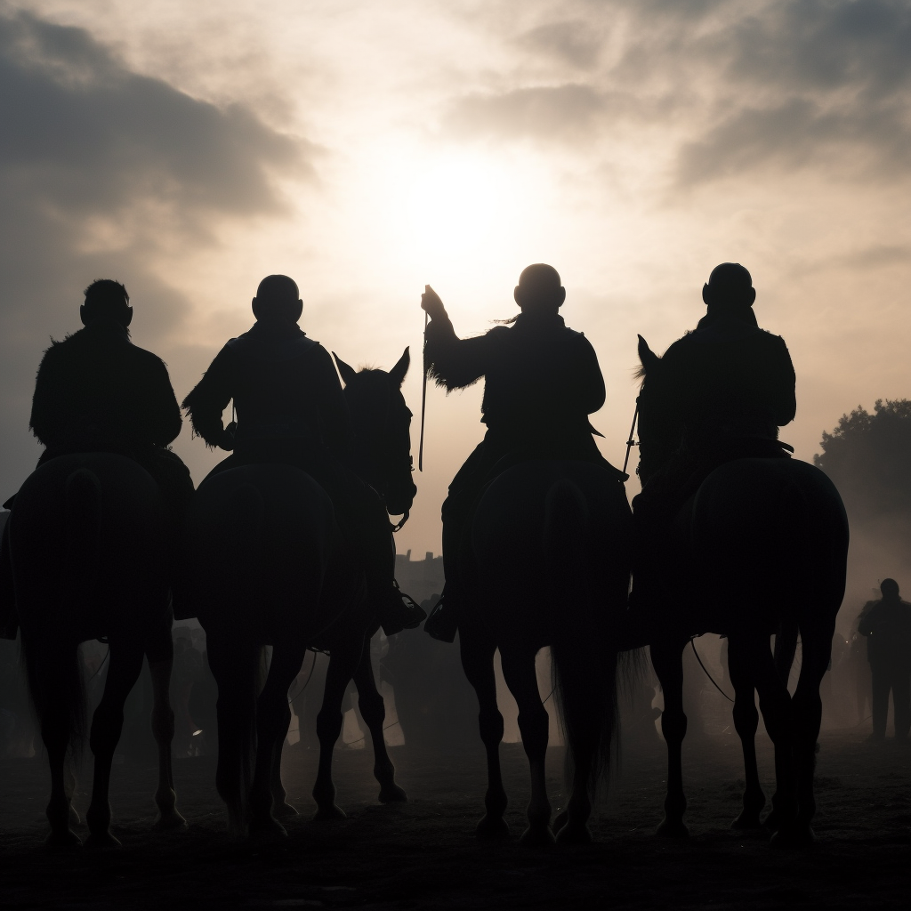 Silhouettes of Four Knights Surrounded by Cheering Crowd