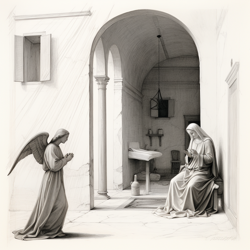 Black and white sketch of Fra Angelico's Annunciation