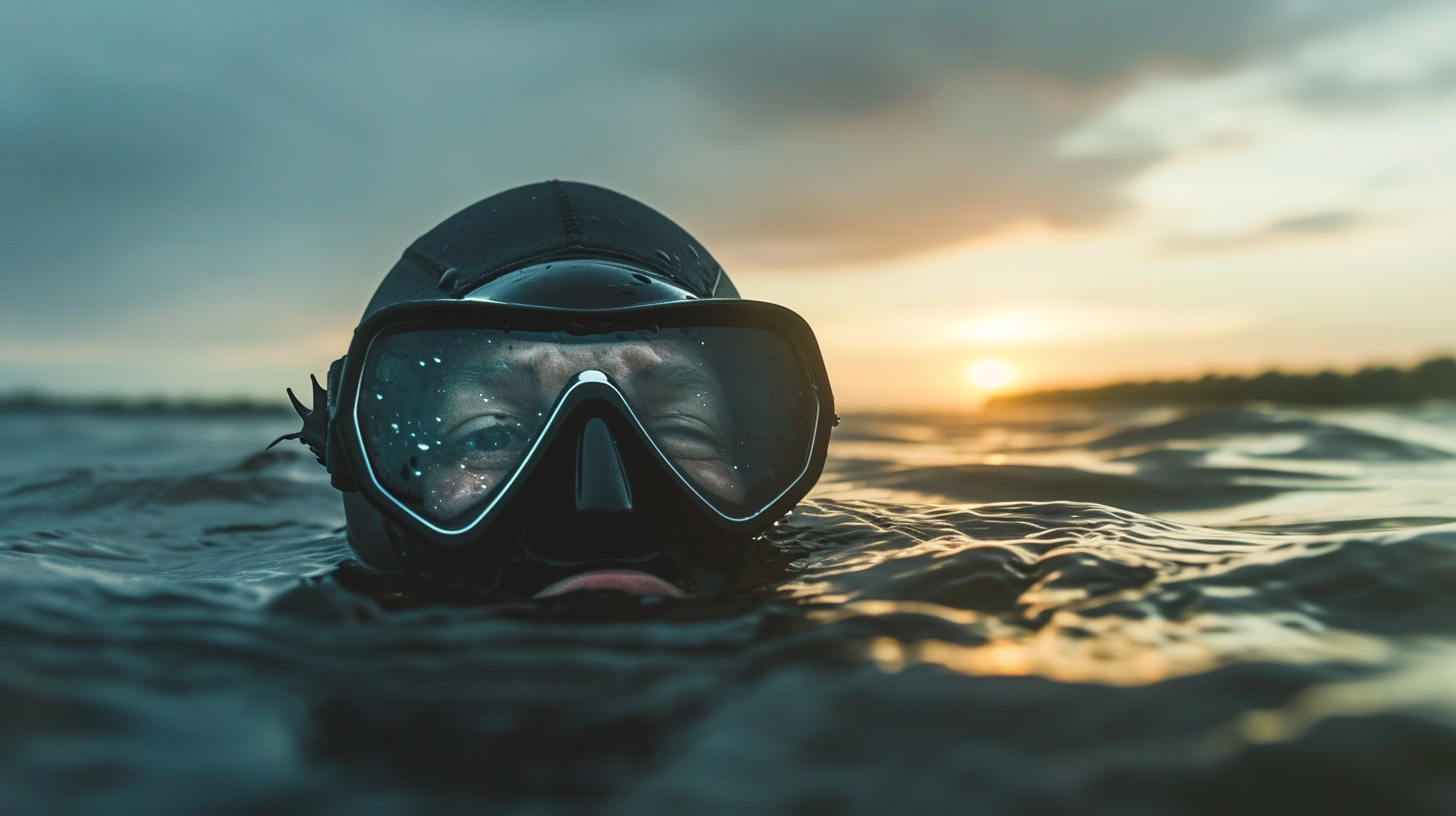 Free diver inhaling at water surface