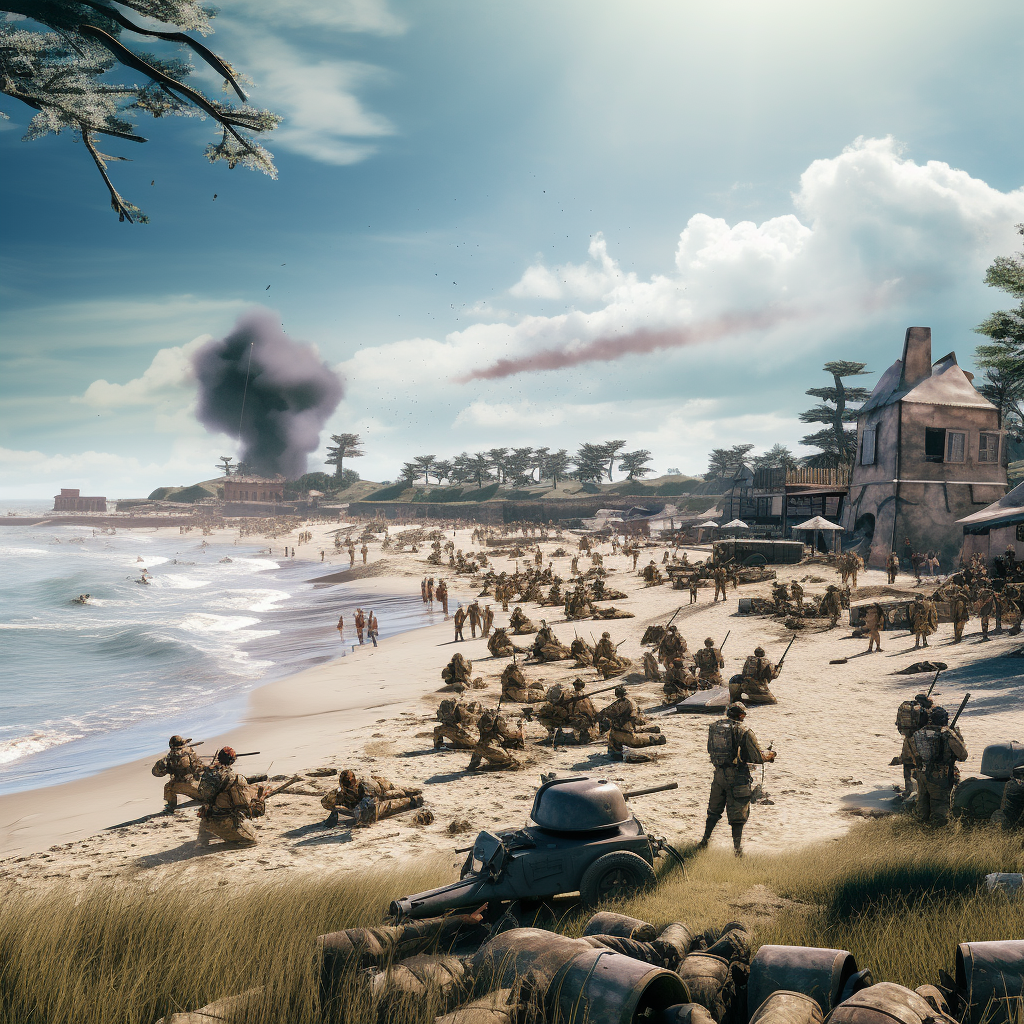 Soldiers battling on a breathtaking French beach