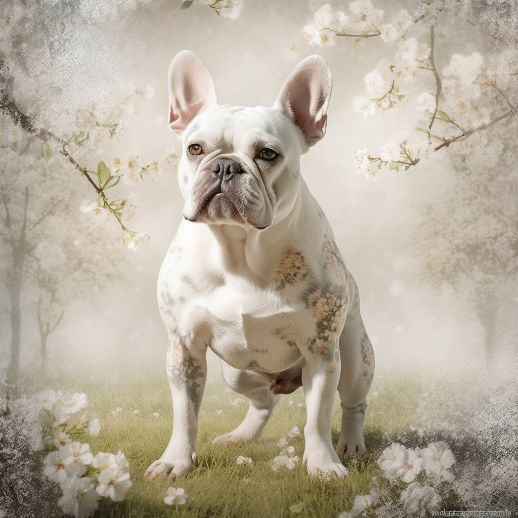 Adorable French Bulldog in a white blossoming tree grove