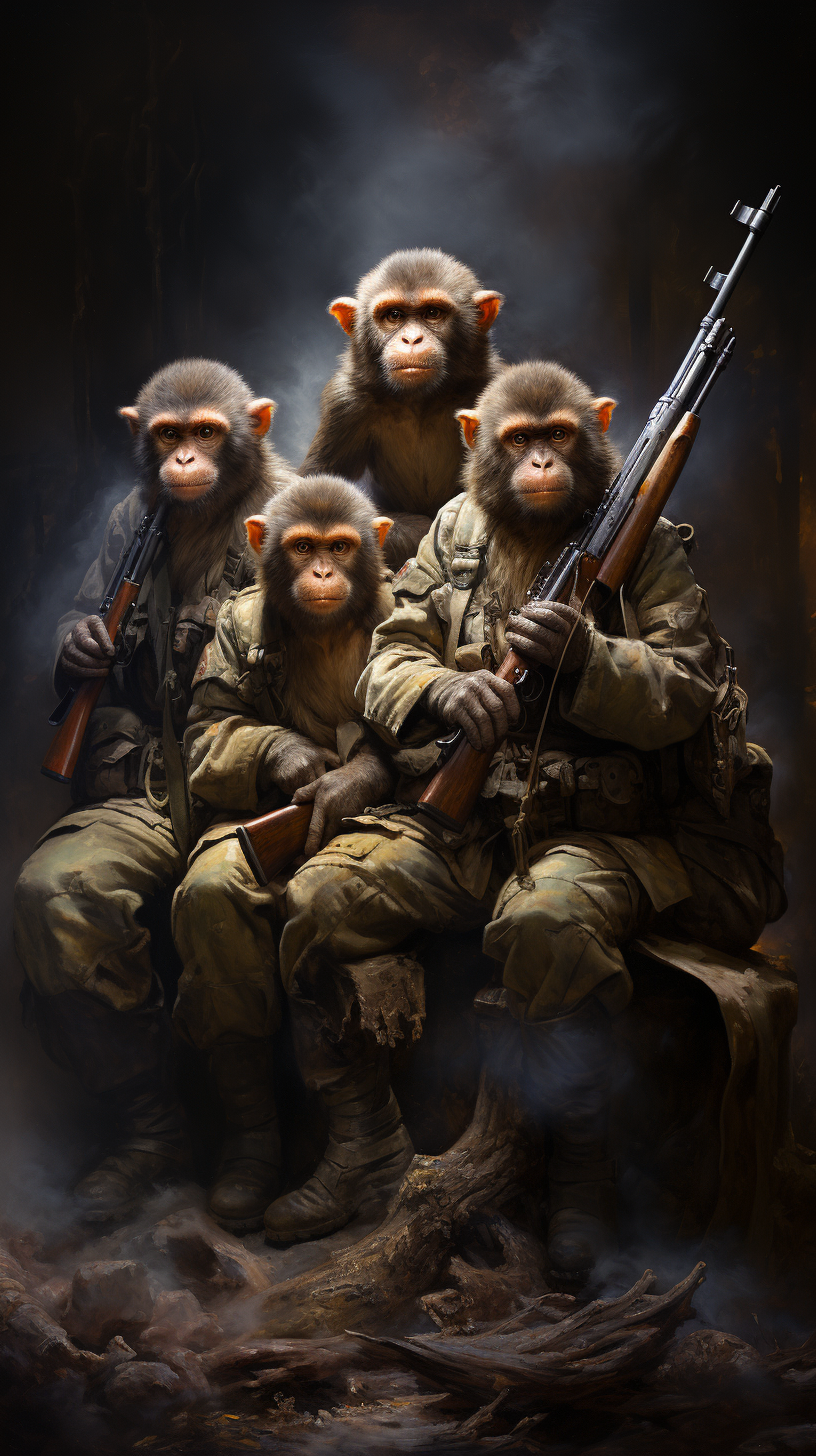 French military soldiers with a monkey companion