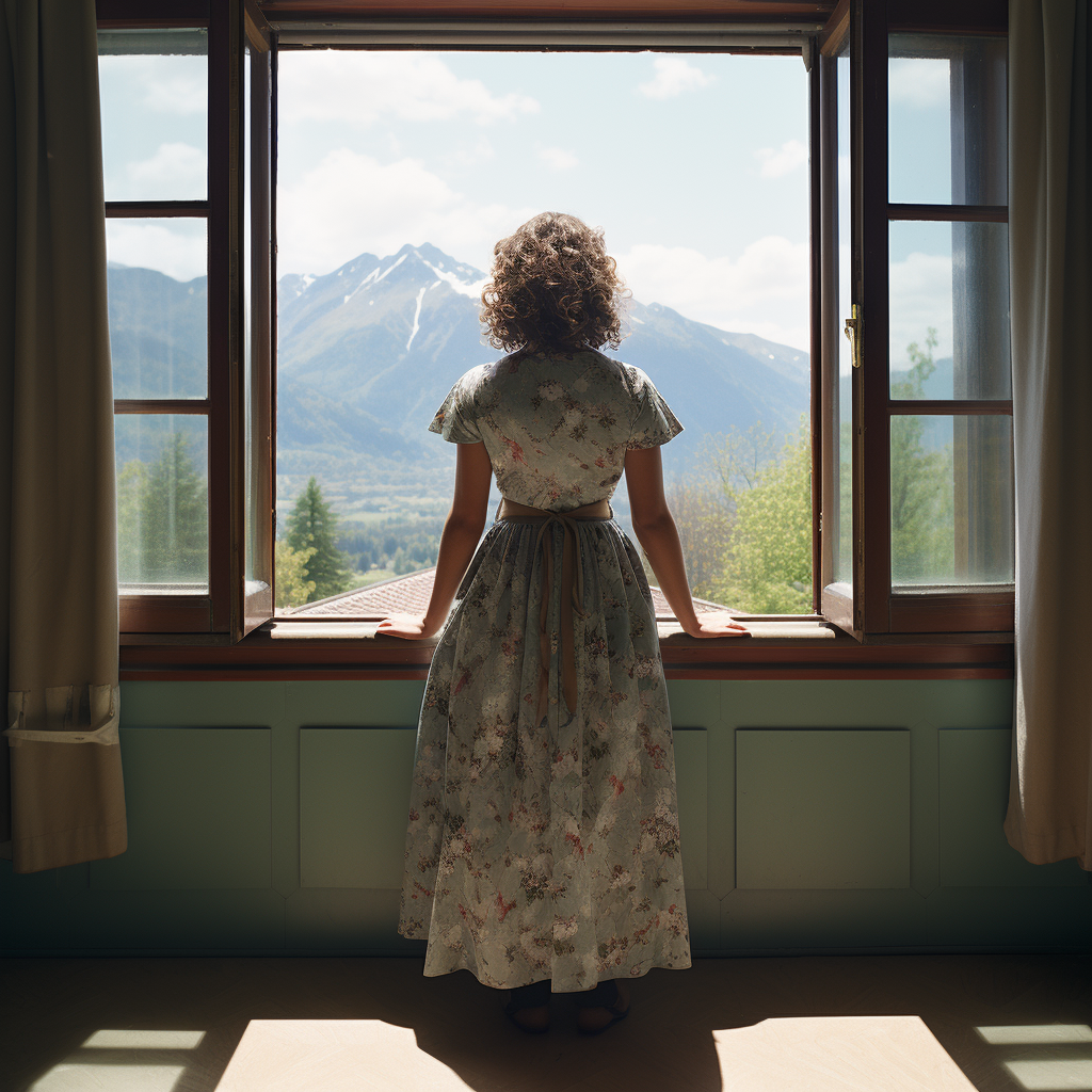 Young woman in floral dress looking out of a French window