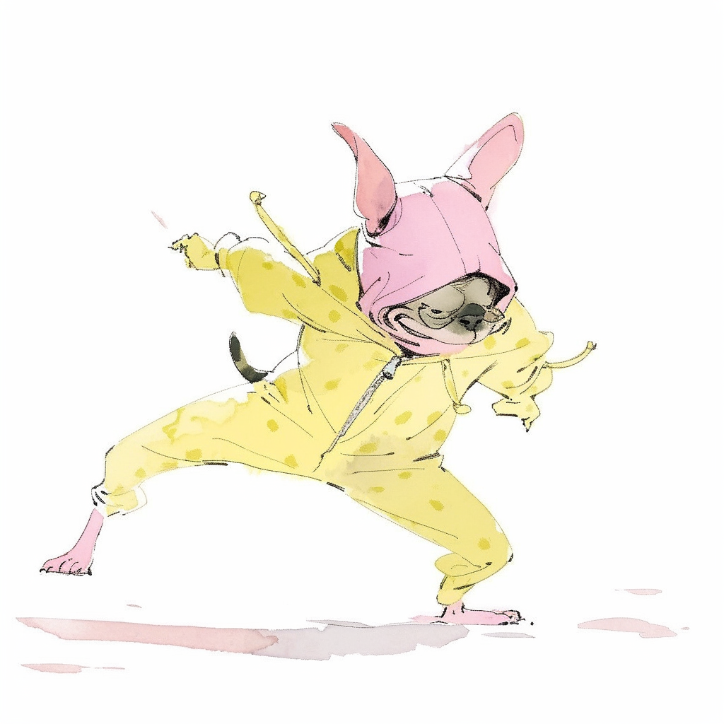 Expressive French Bulldog Dancing in Quentin Blake Style