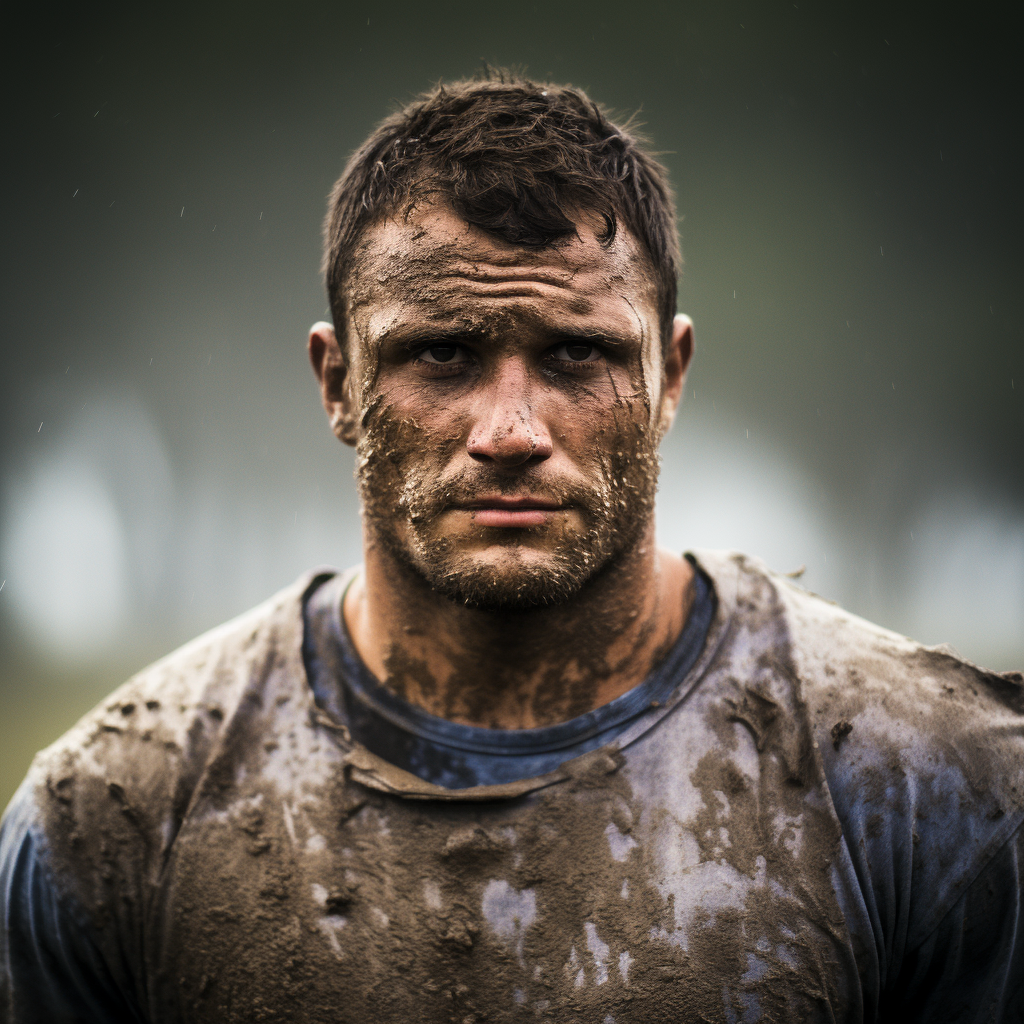 French rugby player covered in mud and sweat