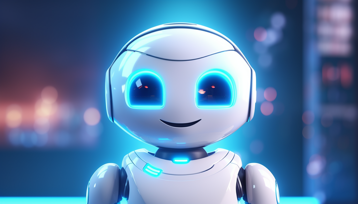 Smiling white roboter standing in cyan neon lights