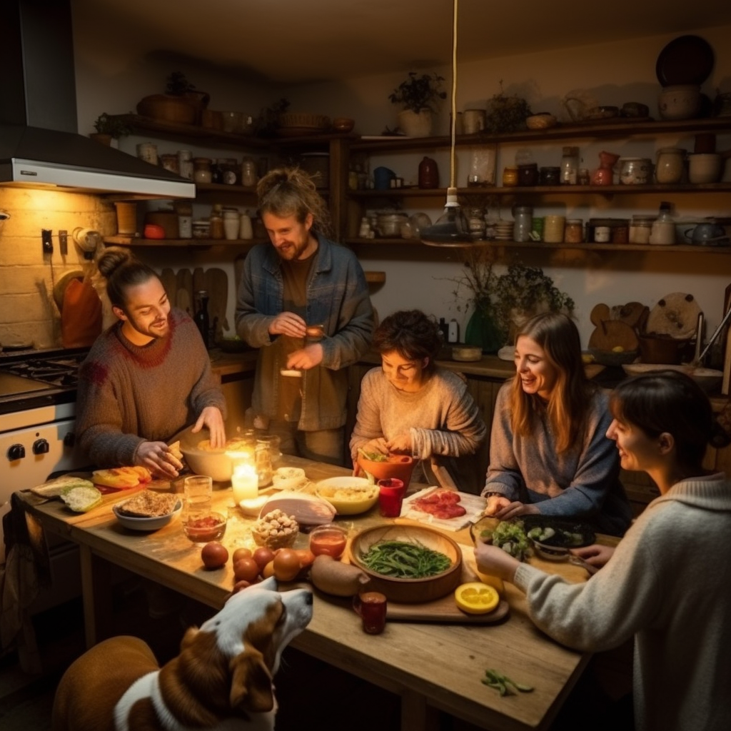 Group of friends cooking with their dogs