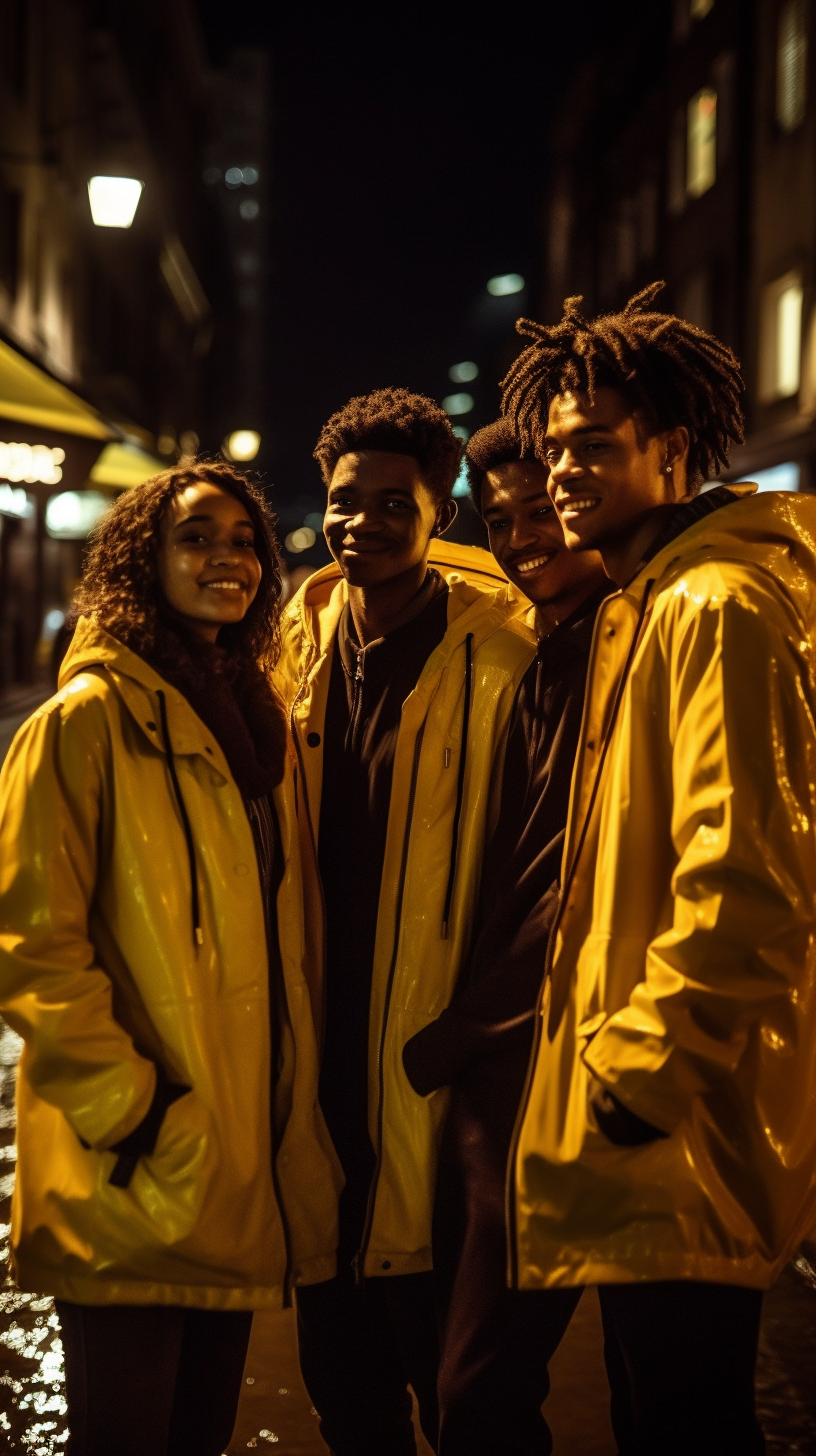 Group of Friends Smiling in the Streets at Night