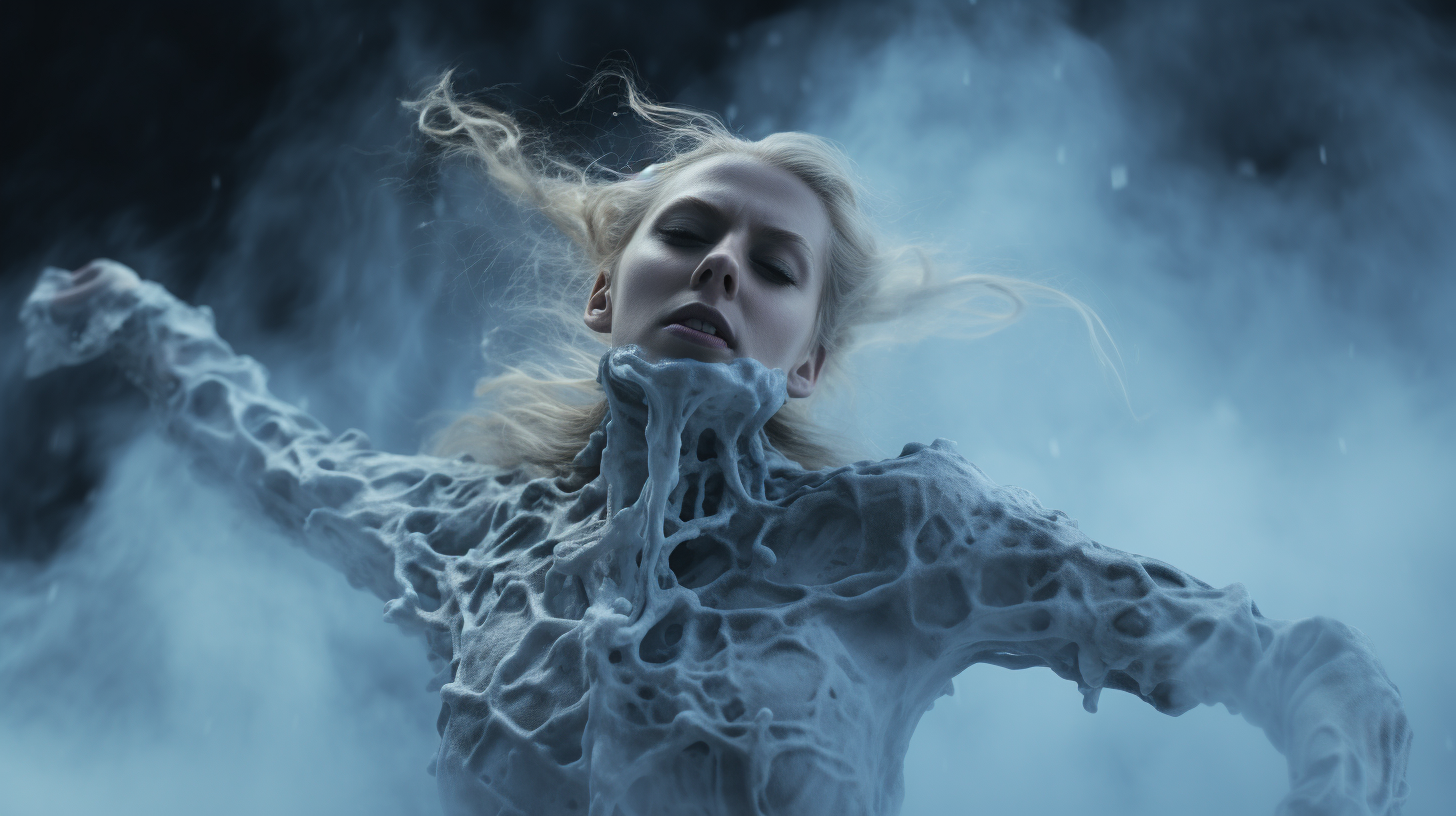 Frozen body crystalizing in cinematic photo