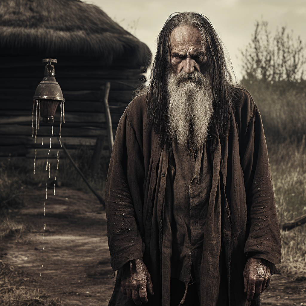 Frustrated old farmer near well with ghost