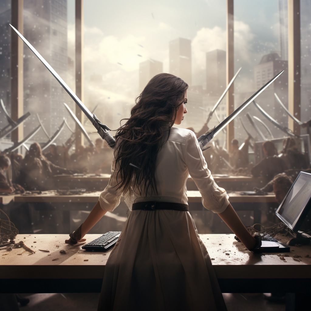 Frustrated female employee at office desk with swords outside