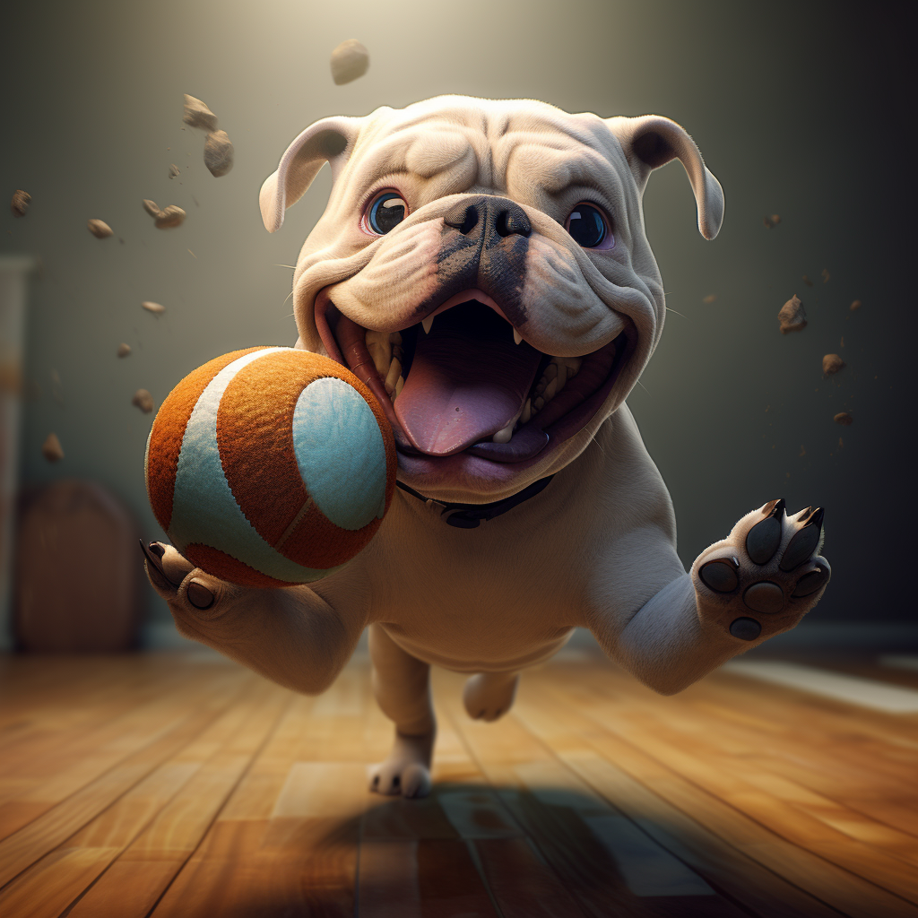 Funny bulldog with volleyball in mouth