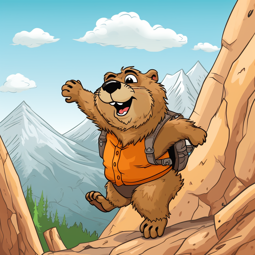 Funny cartoon marmot rock climbing in 70s style