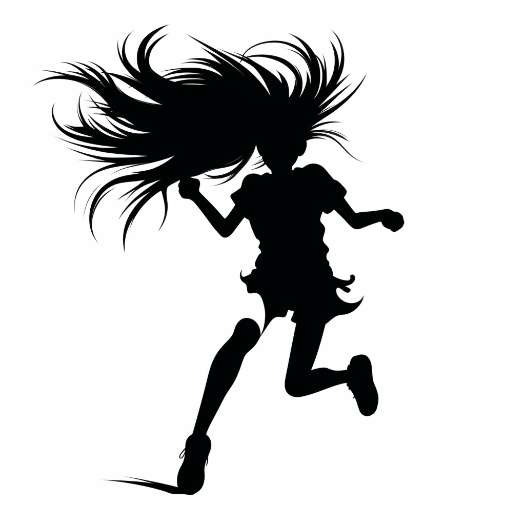 Humorous black and white silhouette of a running woman