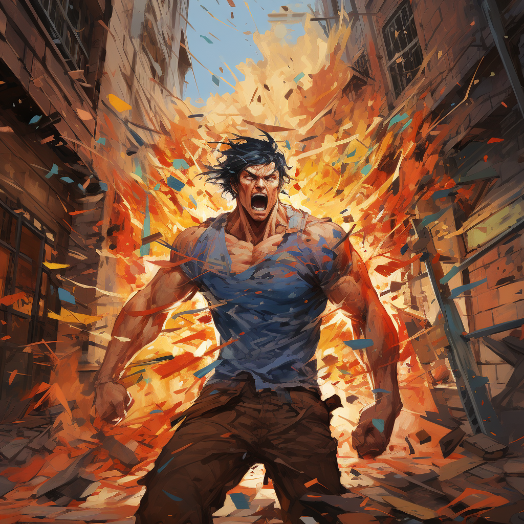 Muscular anime man running in hellish brick backdrop