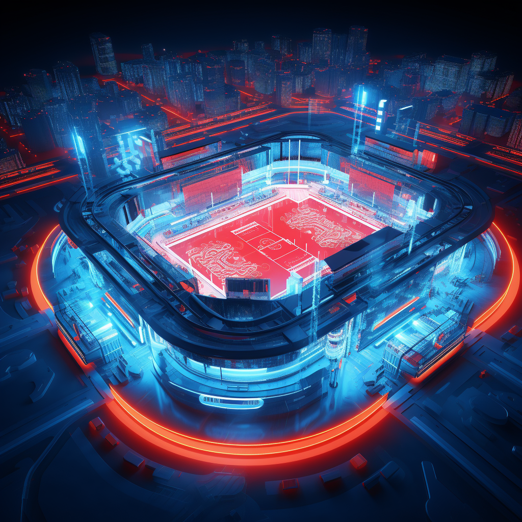 Futuristic stadium with neon lights