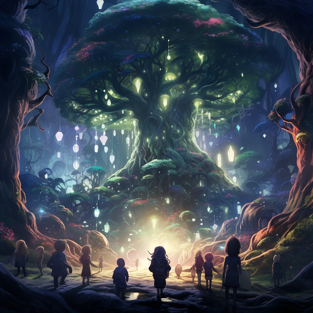 Illustration of cute creatures protecting a giant spirit tree