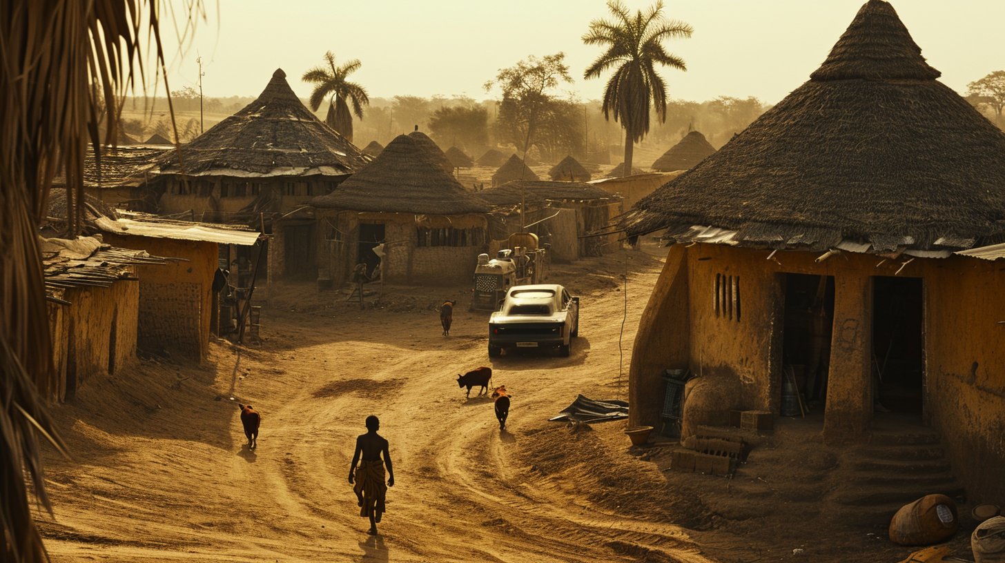 African futuristic village aerial shot