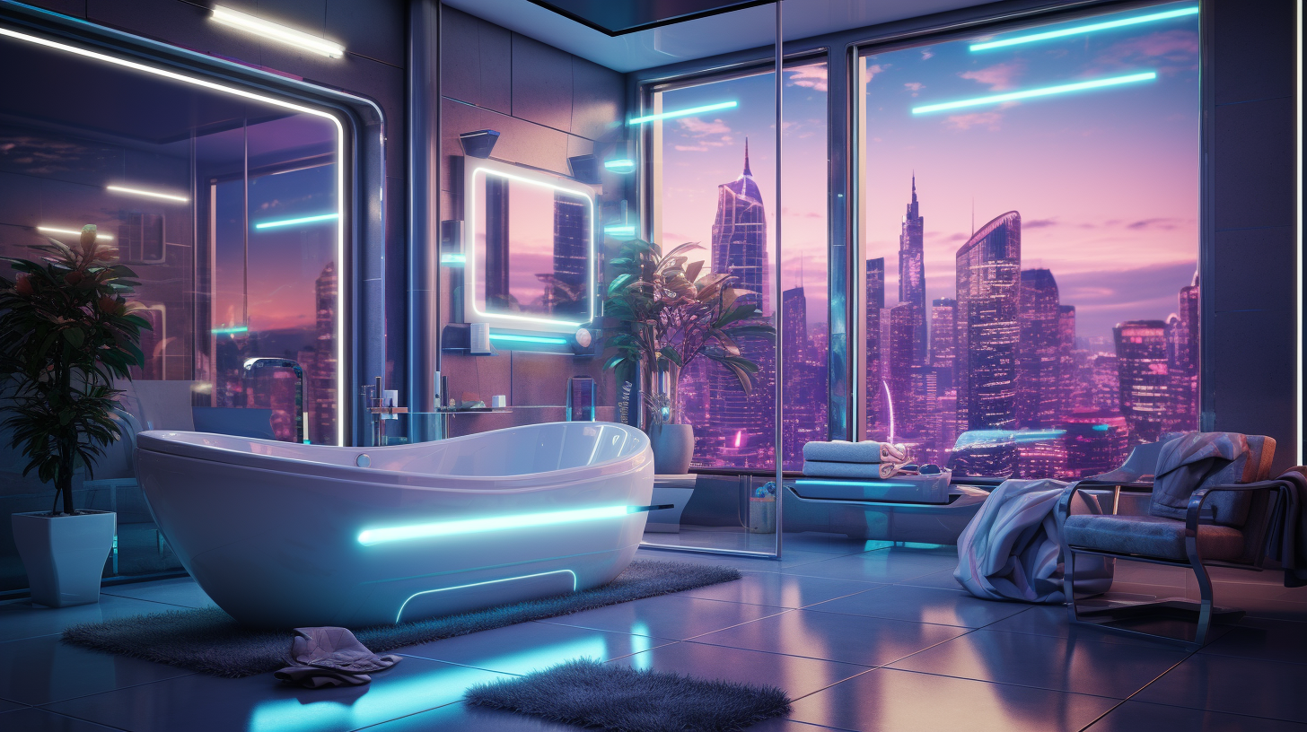 Futuristic bathroom with sunrays and cyberpunk city view