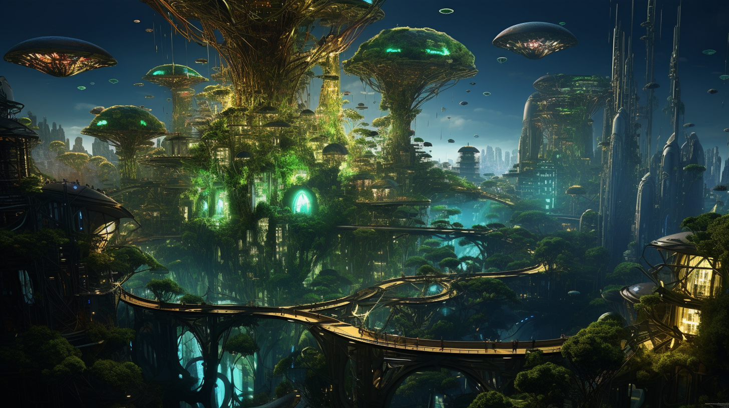 Aerial view of futuristic Byzantium's floating gardens