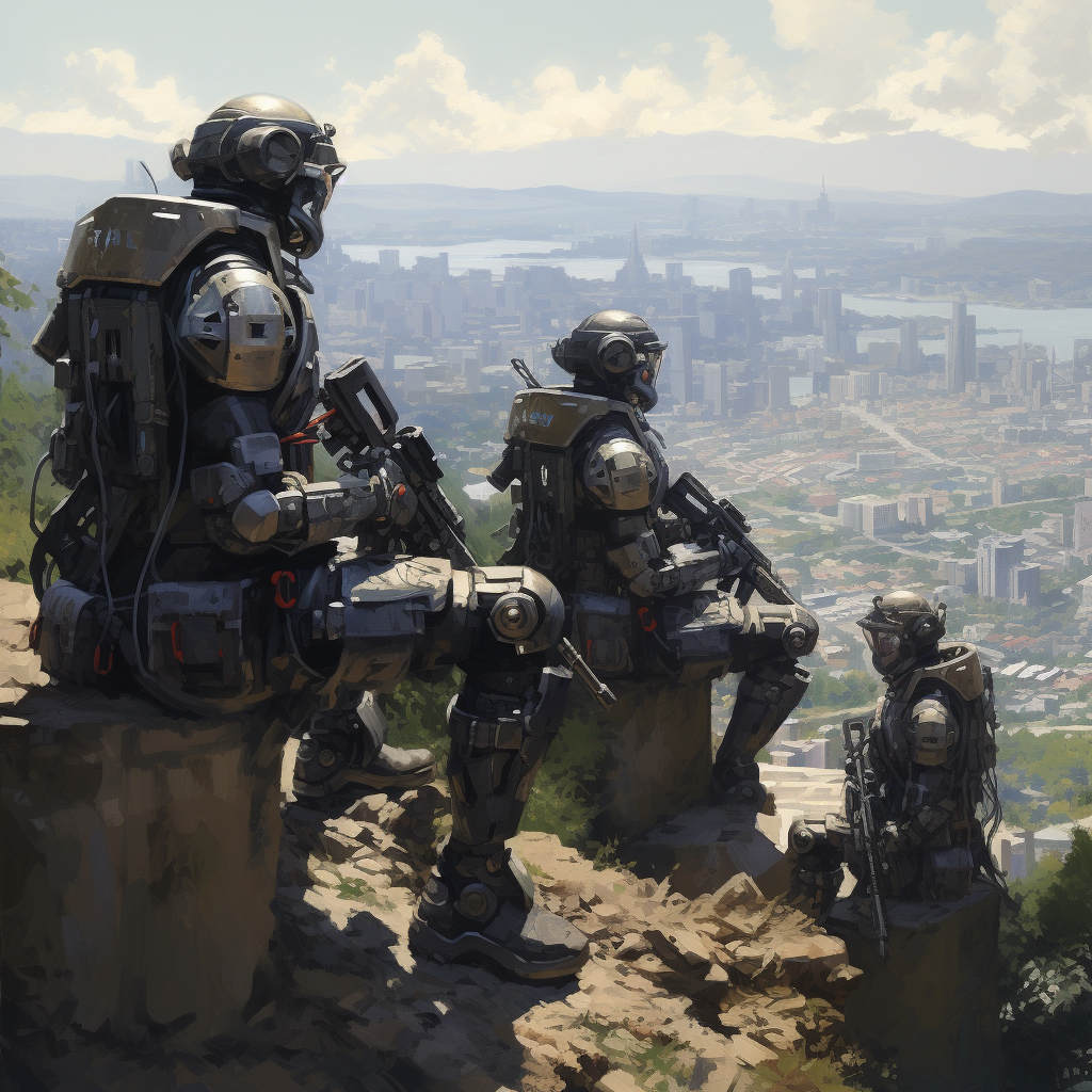 Short men in futuristic combat armor on hill